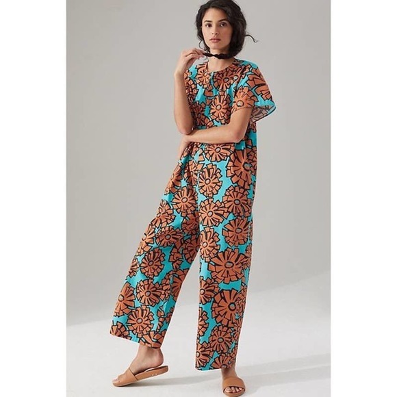 Anthropologie Pants - Porridge Effie Jumpsuit in Orange Floral Womens Size XL Short Sleeve Wide Leg